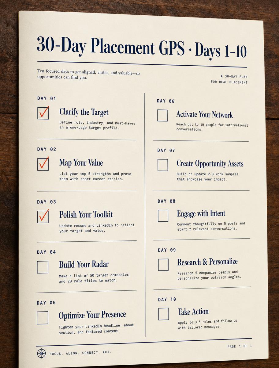 A page from the 30-Day Placement GPS roadmap — Days 1 through 10